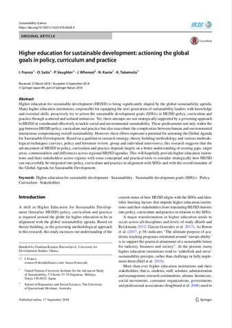 Higher Education for Sustainable Development: Actioning the Global Goals in Policy, Curriculum and Practice