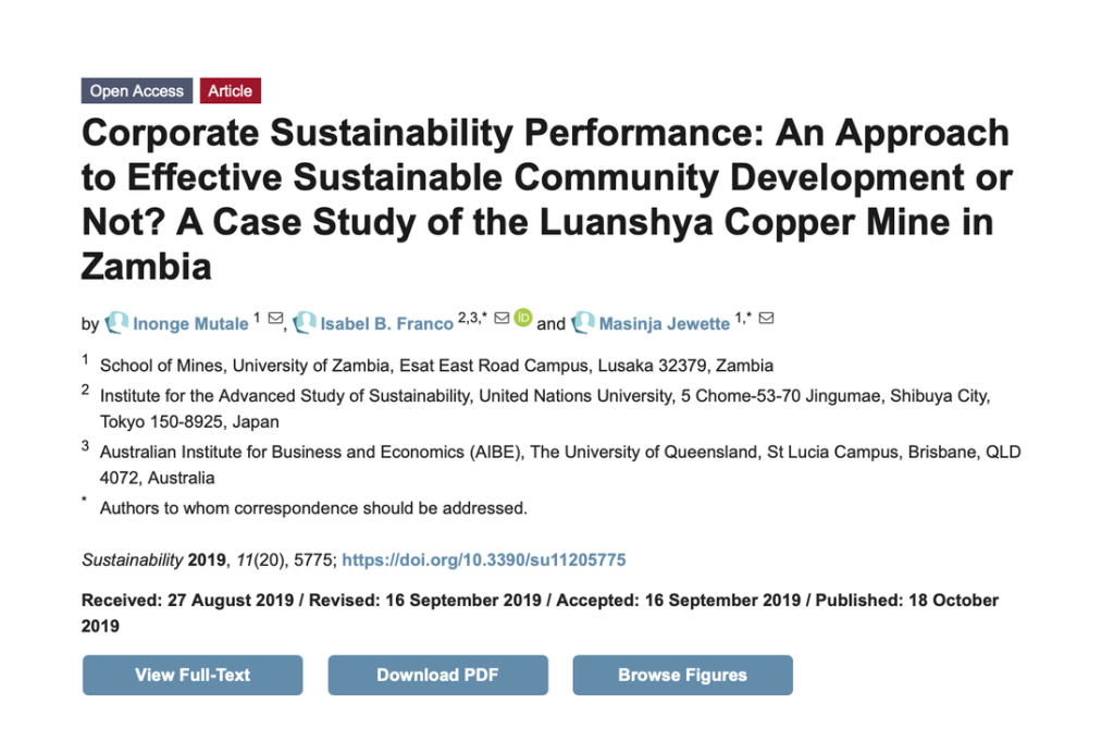 Corporate Sustainability Performance: An Approach to Effective Sustainable Community Development or Not? A Case Study of the Luanshya Copper Mine , in Zambia